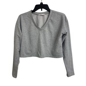 Aster S‎ Cropped V-Neck Casual Minimalist Pullover Sweatshirt Top Gray